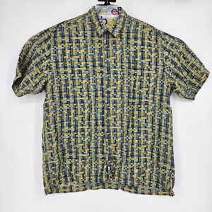 Jhane Barnes Shirt Mens Large Geometric Button Casual Short Sleeve Blue Yellow
